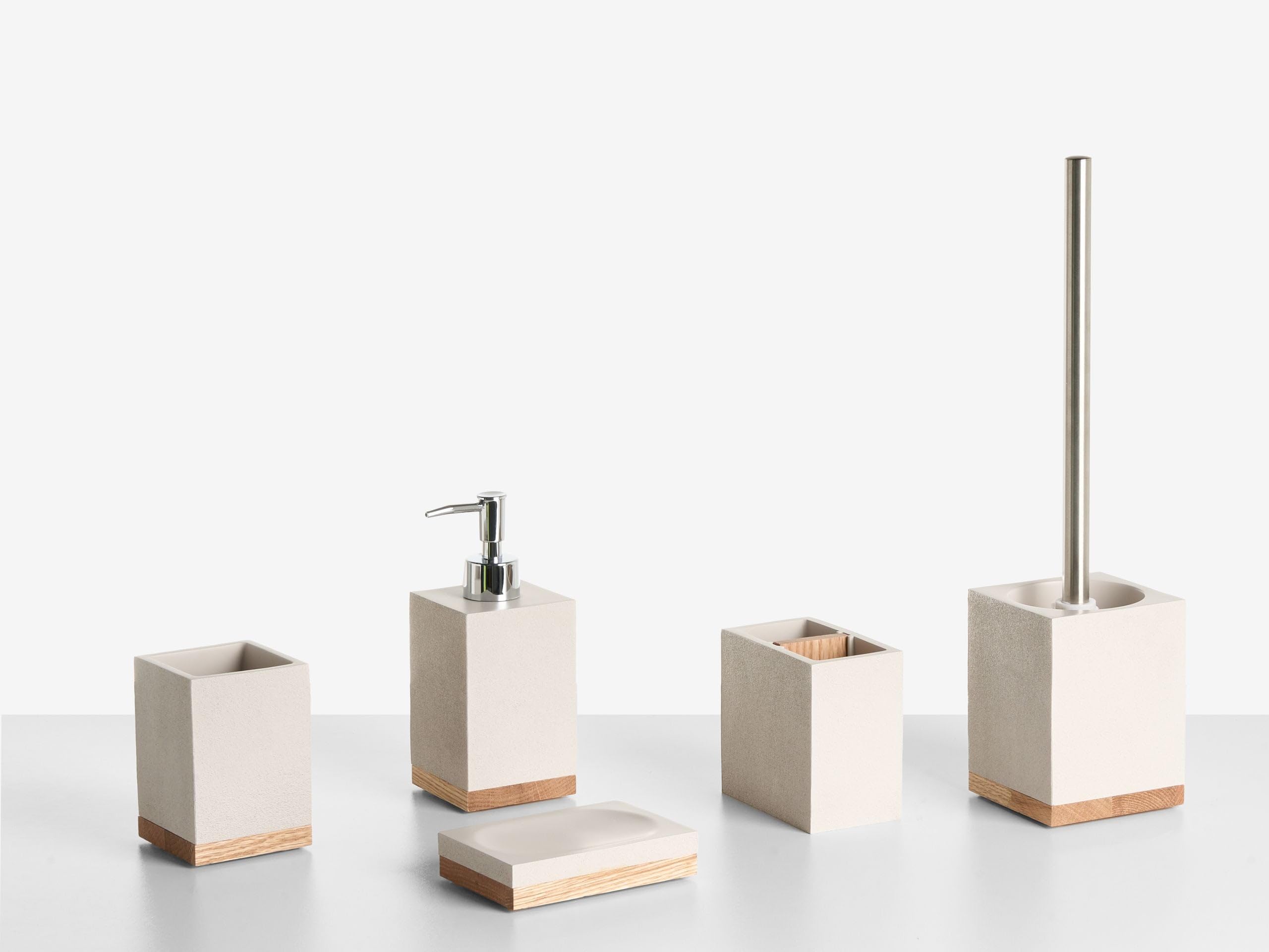 Conjunto de 5 Accesorios de baño jabonera dispensador de jabón escobilla de Inodoro Vaso Soporte para cepillos de Dientes Beige Tapiche