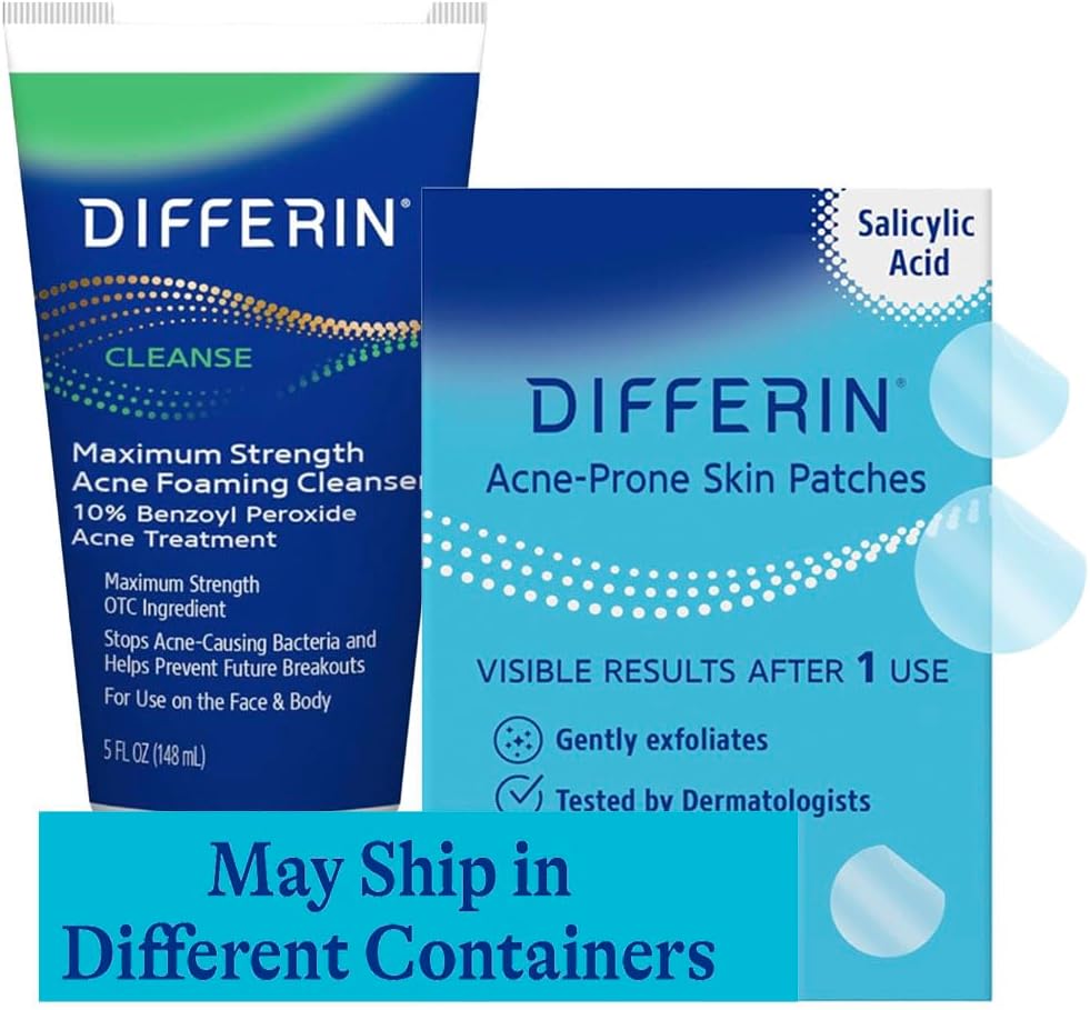 Differin 10% Benzoyl Peroxide Cleanser and Patch Set: 36 Power Patches, 18 large and 18 small patches for acne-prone skin and Acne Foaming Cleanser with 10% BPO Acne Treatment