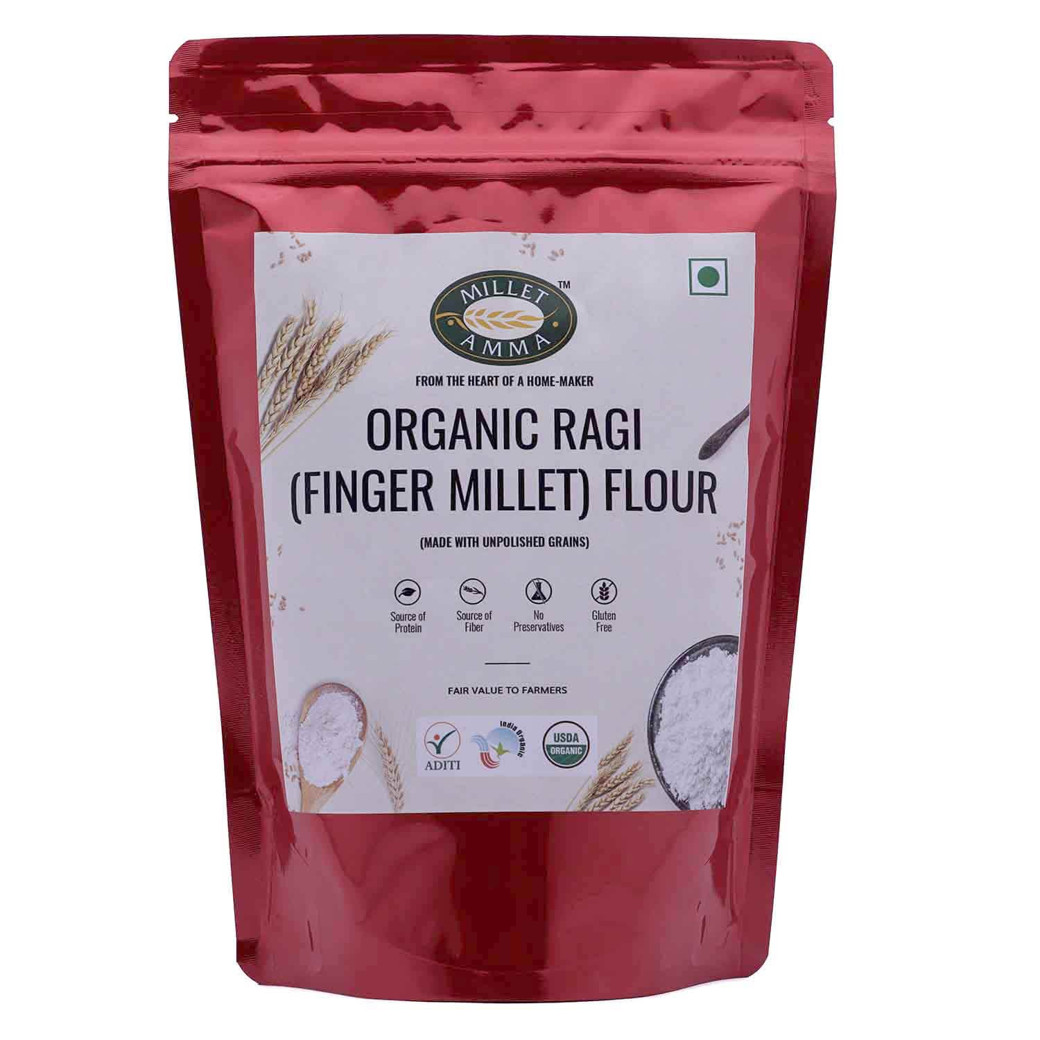 Millet Amma CERTIFIED ORGANIC Ragi (Finger Millet) Flour - 2 Kg | Made with Unpolished Millet | Rich in Calcium, Fiber, Minerals and Amino Acids | Low GI & Good for Regulating Sugar Levels | Low GI | Suitable for Multiple Recipe