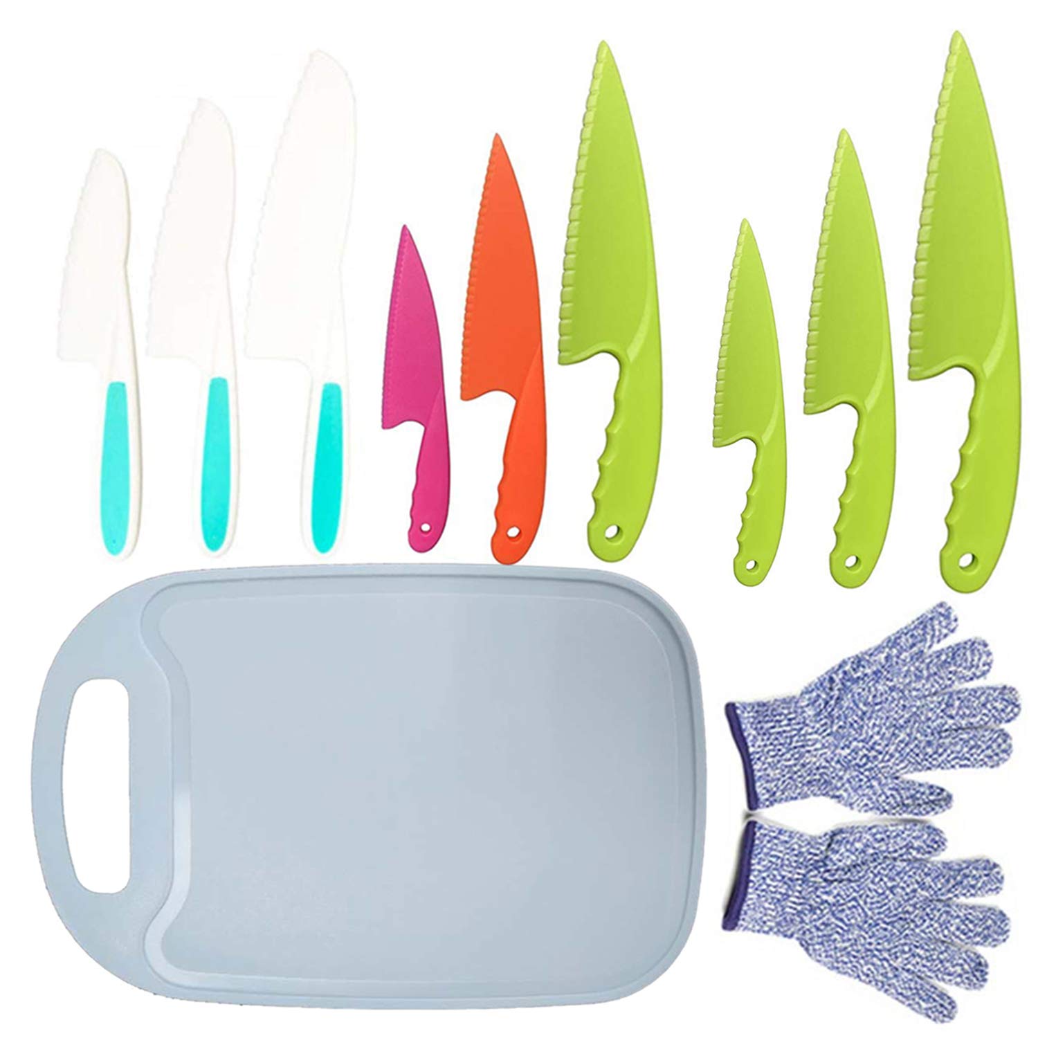 POCOMOCO 12Pcs Kids Plastic Knife Set,BPA-Free Children's Safe Cooking Knife Set with Cut Resistant Gloves(Ages 6-12)&Cutting Board for Fruit,Salad