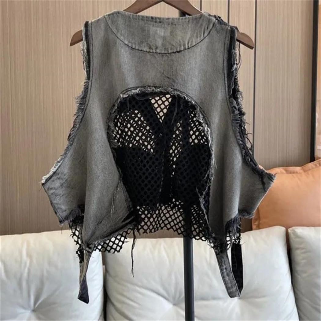 レディース デニムベスト メッシュ スプライシング ウォッシュ加工 ショート ストリートウェア ファッション ノースリーブ トレンデ