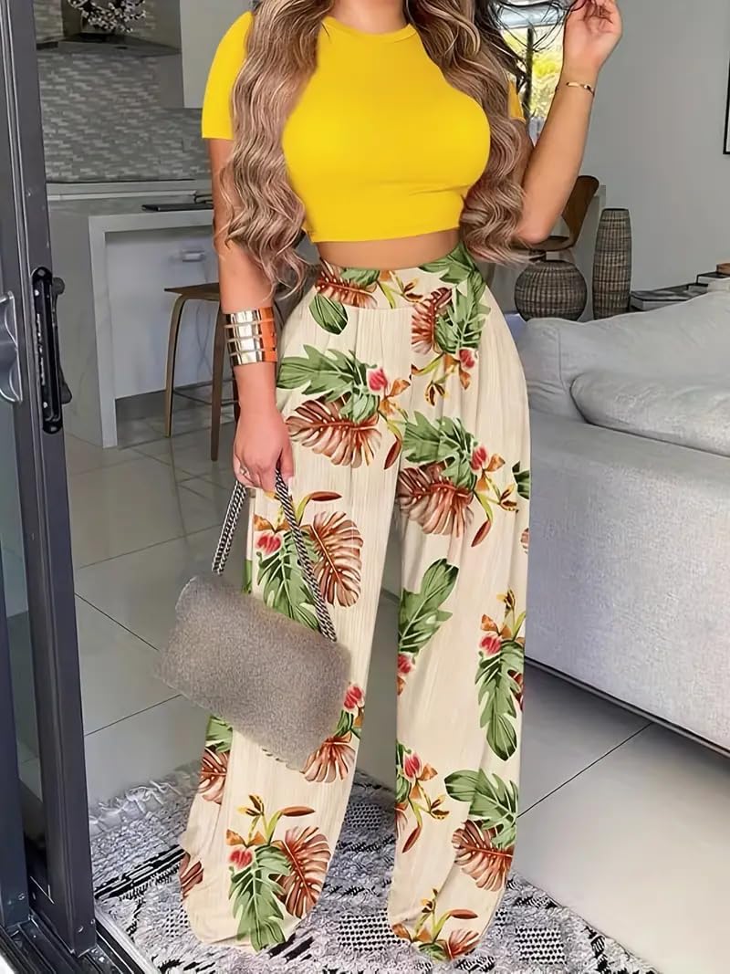 2 Piece Outfits for Women Short Sleeve Crop Top High Waist Wide Leg Long Pant Sets Tracksuit Sport Set - Image 2