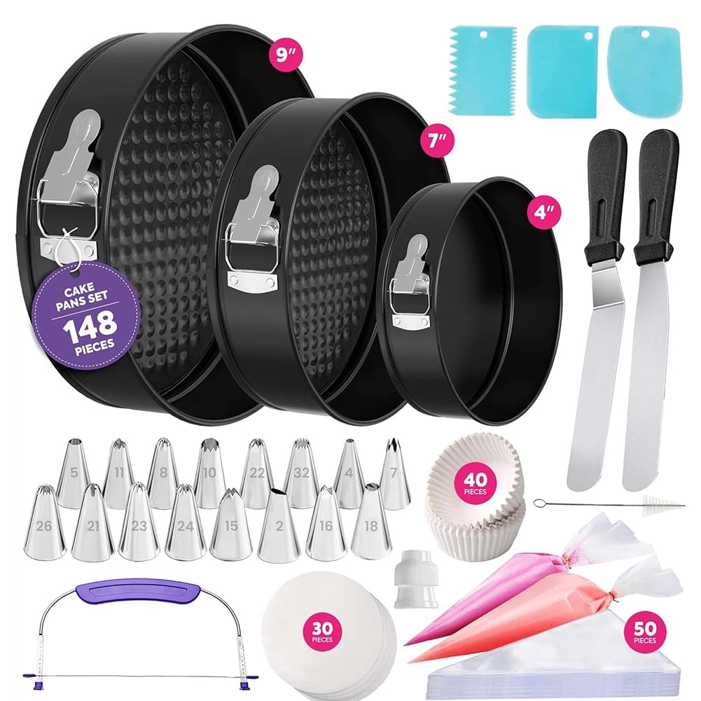 Hndhbfgrt 148PCS Cake Pan Set for Baking: 3 Non-Stick Springform Pans,Cake Decorating Kit,Leveler & Leak-Proof Cheesecake Pan
