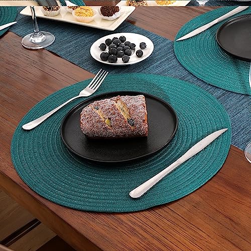 Image of SHACOS Round Placemats Set of 6 Washable 15 inch Round Table Mats Cotton Polyester Woven Braided Place Mats for Dining Table, Teal Green