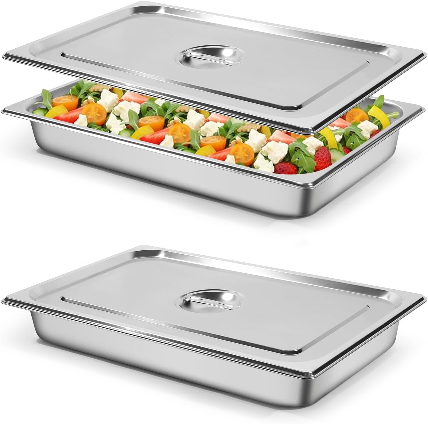 LFMKJ Hotel Pan 1/1 Size - 16.6 Qt Stainless Steel Steam Pan With Lid - 2.5" Deep - Silver - 2 Pack