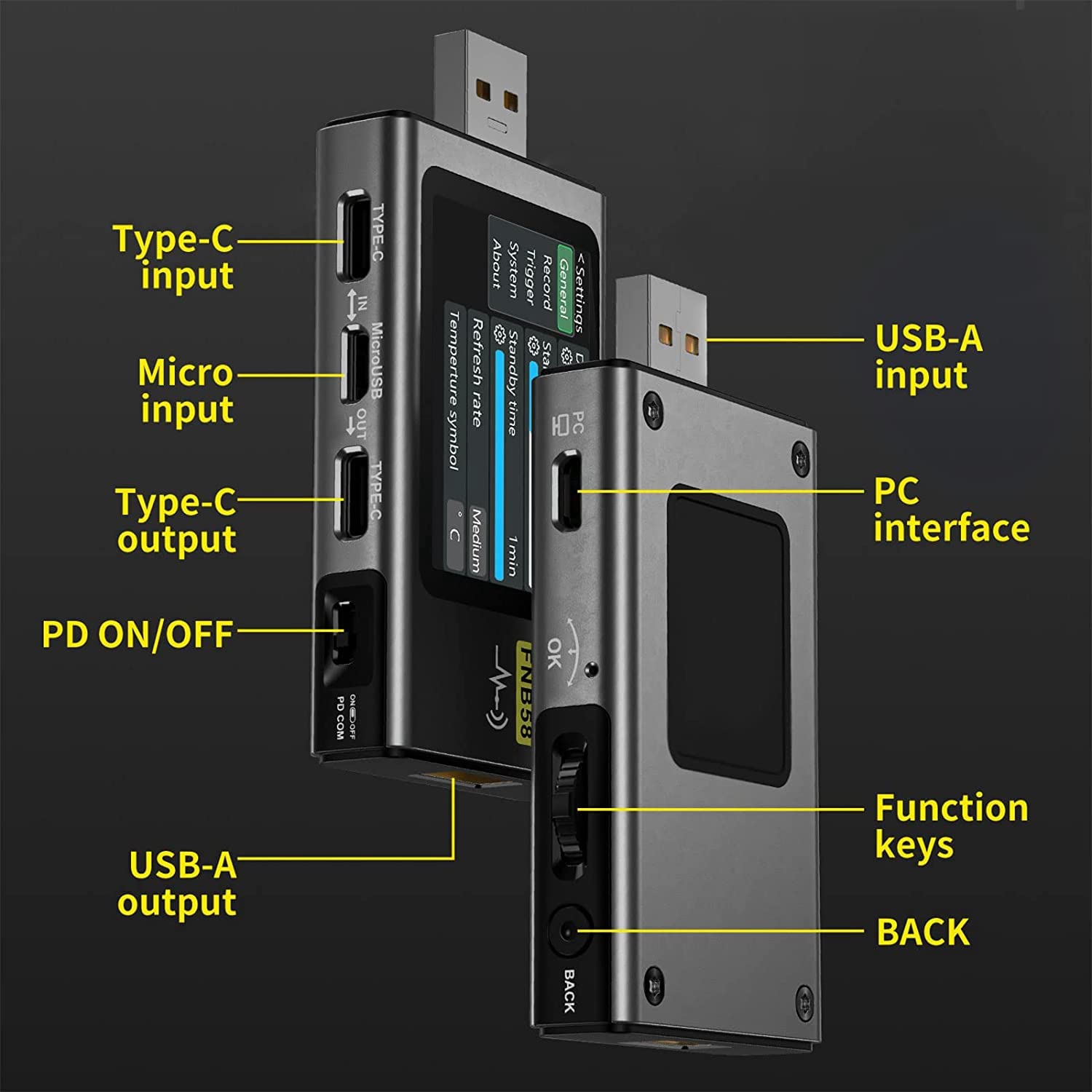 FNB58 Testeur USB, Testeur de de VoltmèTre NuméRique USB Type-C Protocole de Charge PD DéTection de DéClenchement Max 7A