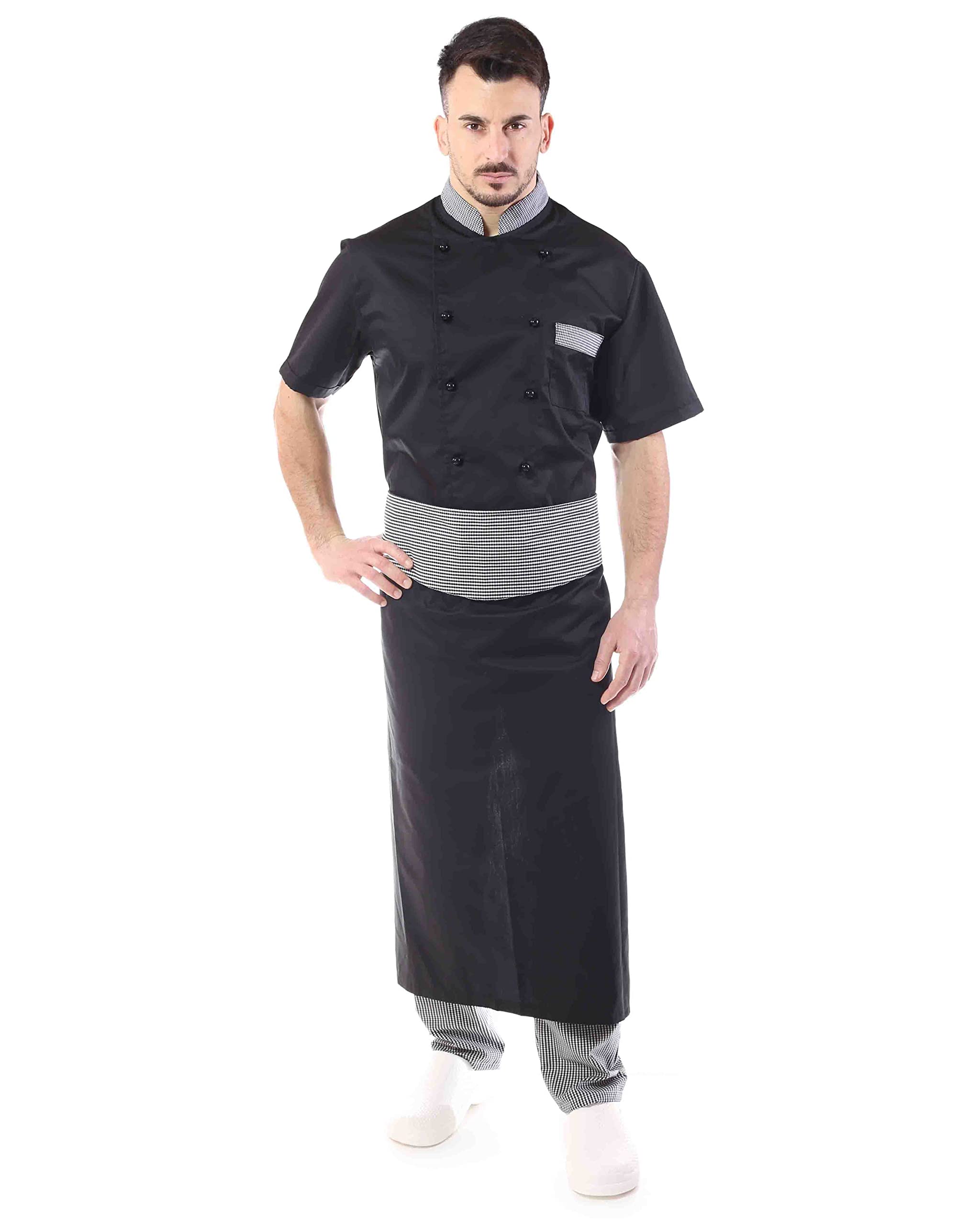 Ricamo Gratuito Completo Cuoco Uomo - Divisa Chef Nera e Pied de Poule Personalizzabile - Manica Corta - Giacca, Pantaloni e Grembiule - Uniforme per Cucina e Ristorante