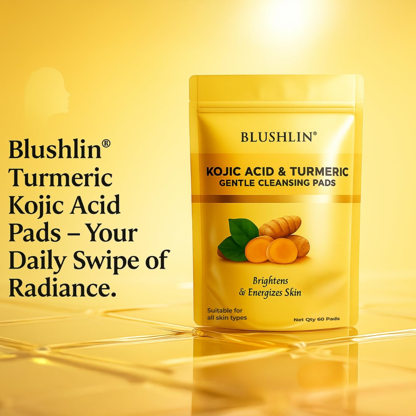 BLUSHLIN kojic acid and turmeric cleansing pads 60 Count β Dark Spot Removal, Skin Brightening & Acne Care | With Vitamin C, Retinol & Chamomile | Makeup Remover | For Women & Men | All Skin Types | 60 Pads (Pack of 1) 3