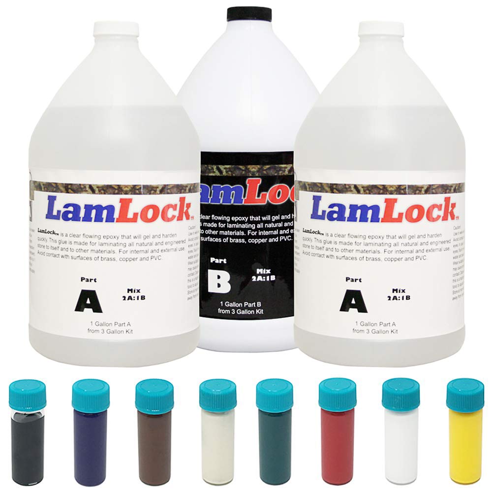 LamLock Flowing Epoxy 3 Gallon Express - Clear Flowing Epoxy for Laminating Granite, Marble, Engineered Stone - 8PC LamLock Universal Color Kit - Epoxy Color Pigment Set - Bundle - 2 Items