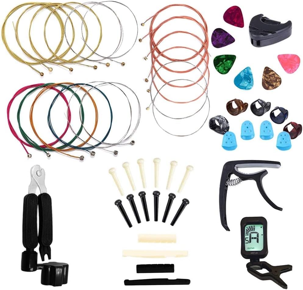 Guitar Accessories Kit Include Acoustic Guitar Strings, Tuner, Capo, 3-in-1 Restring Tool, Picks, Pick Holder, Bridge Pins, Nuts & Saddles, Finger Protector, Finger Picks