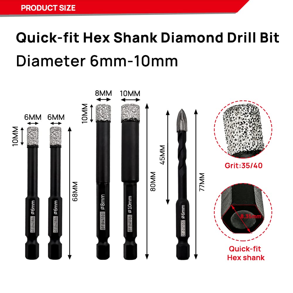 DT-DIATOOL Diamantboren Set Tegel Gatzaag 1/4 5/16 3/8 voor Droog Boren Porselein Keramiek Graniet Marmer Metselwerk Steen (6/6/6/6/8/10mm, 6-Pack