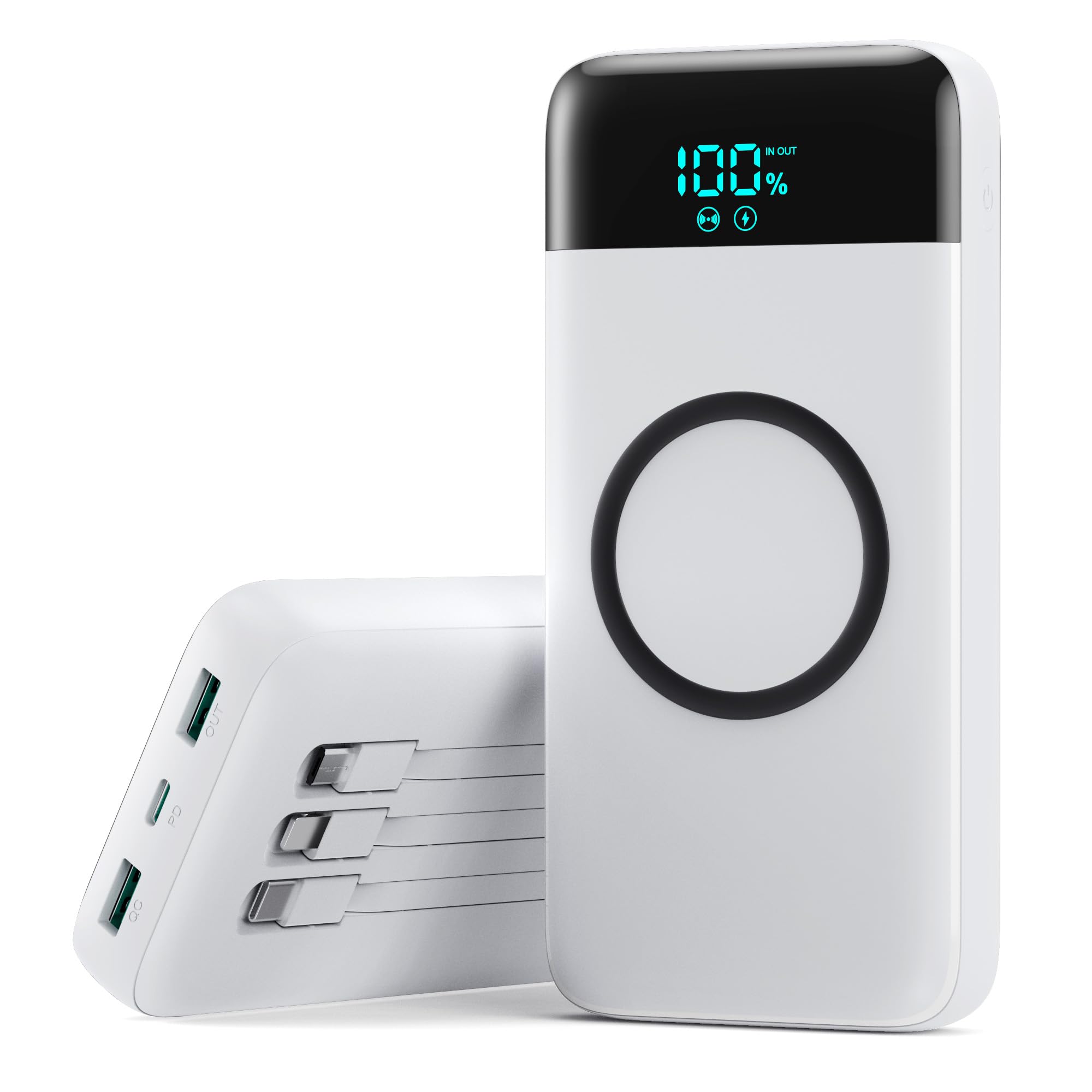 Power Bank Wireless 26800mAh con 3 Cavi, 7 in 1 Caricatore Portatile Wireless Ricarica Rapida 25W PD3.0+QC4.0, Display LCD Batterie Esterna 6 Uscite Compatibile con iPhone17/16/15Huawei Samsung-Bianco
