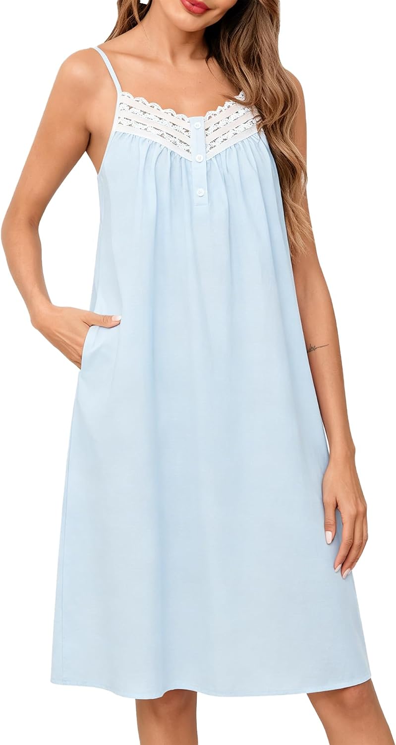 SWOMOG 100% Cotton Nightgowns for Women Lace Nightgown Sleeveless Sleep Dress Victorian Sleepshirt Button Strap Gown