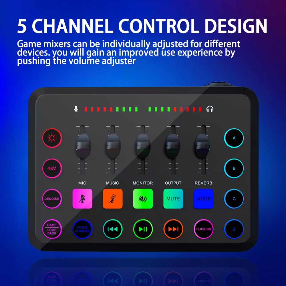 Mixer for Giochi con Scheda, Streaming Mixer RGB a 4 canali con interfaccia Microfono XLR, for Voce di Gioco, Podcast