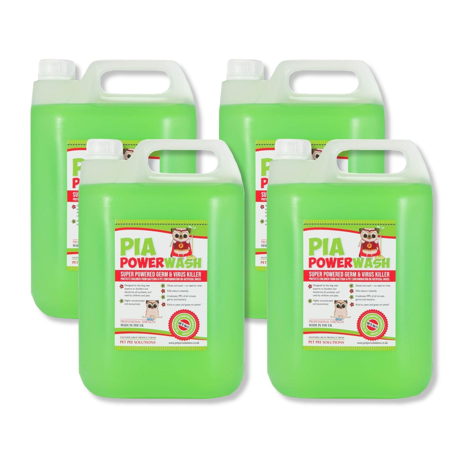 PIA Power Wash 4x5ltr Bottle, Artificial Grass Cleaner for your Garden. Spray on Astro Turf Cleaner and Disinfectant for Fake Grass. Pet and Dog Urine Odour Remover for Artificial Turf in your Garden.