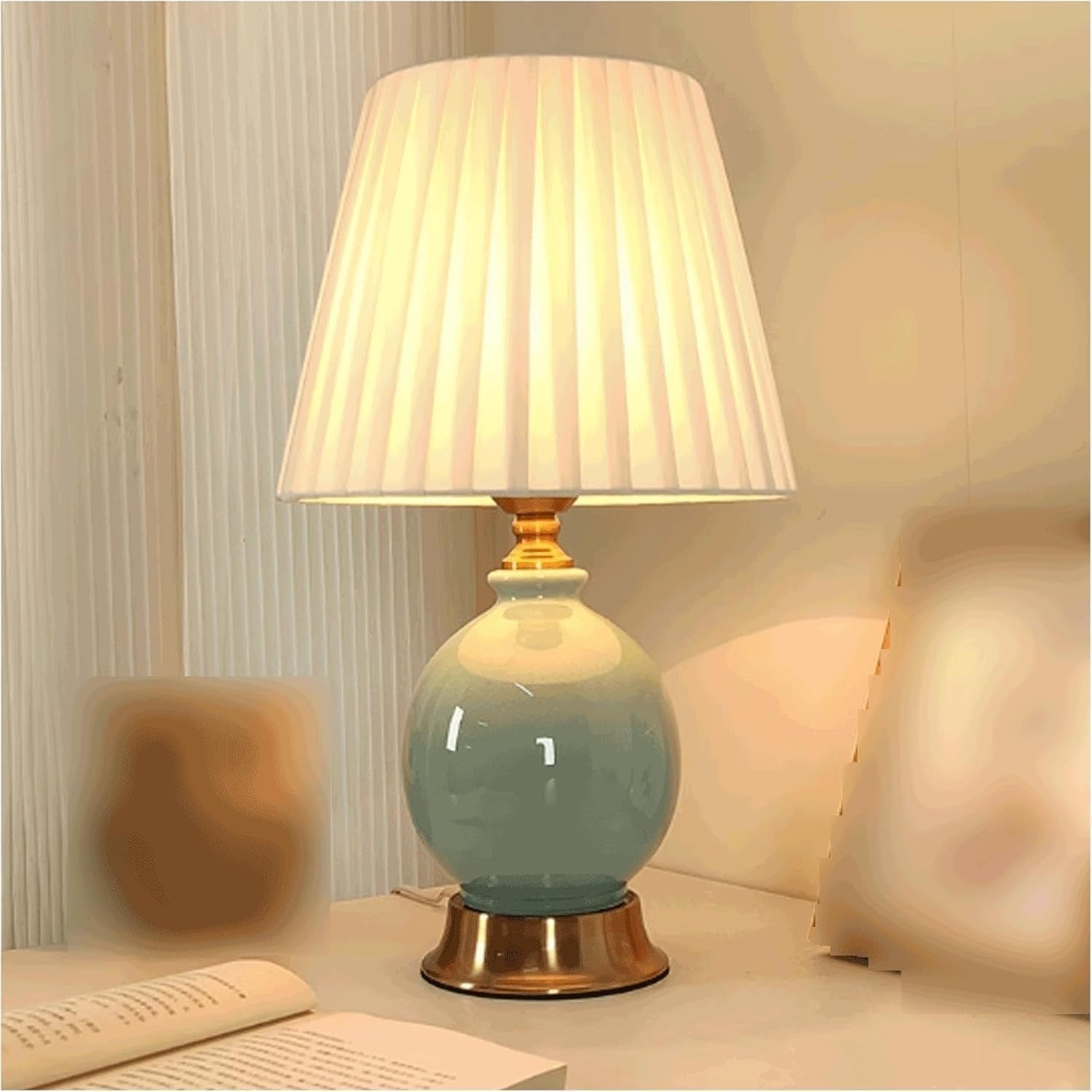 DFAEEKIYO Fashion Desk Lamp Ceramic Bedside Button Table Metal Base Bedroom(Green)