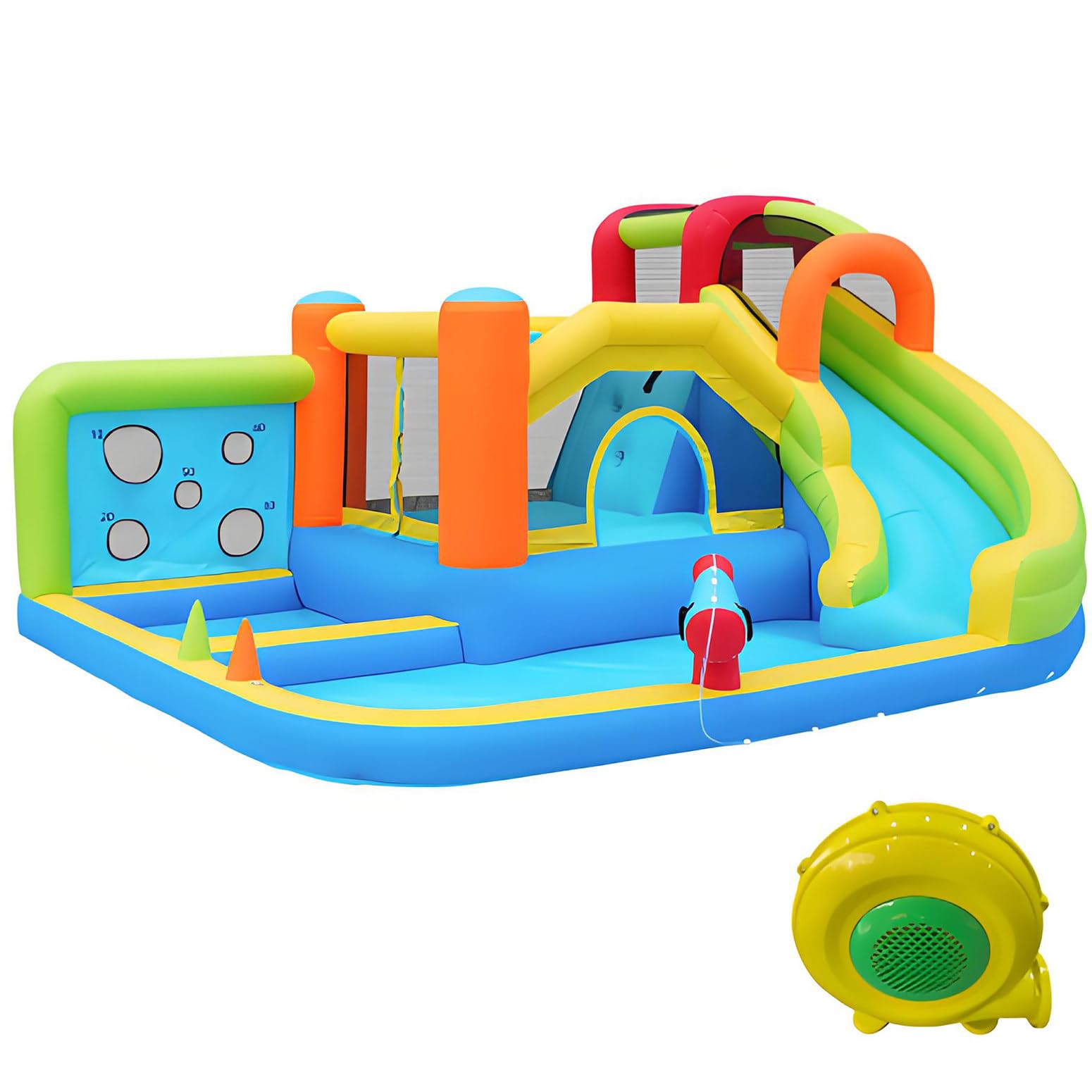 Castillo Hinchable Parque Acuático Multifuncional + Parque de Trampolines para Niños, Tobogán, Muro de Lanzamiento, Canasta de Baloncesto, Muro de Escalada, Incluye Ventilador de 450W, Carga Máx 180kg
