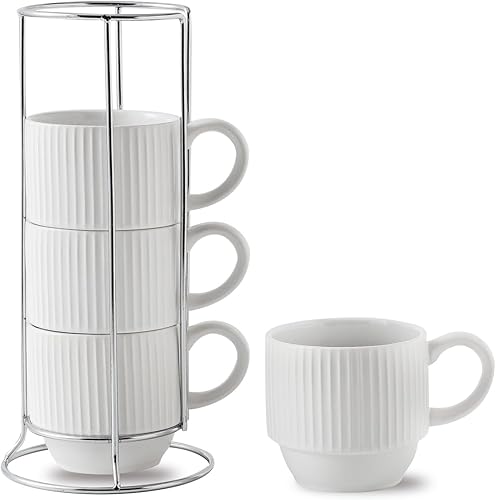 Hasense Juego de tazas de café de cerámica blanca con soporte, tazas de café apilables de cerámica de 12 onzas, modernos juegos de tazas de café
