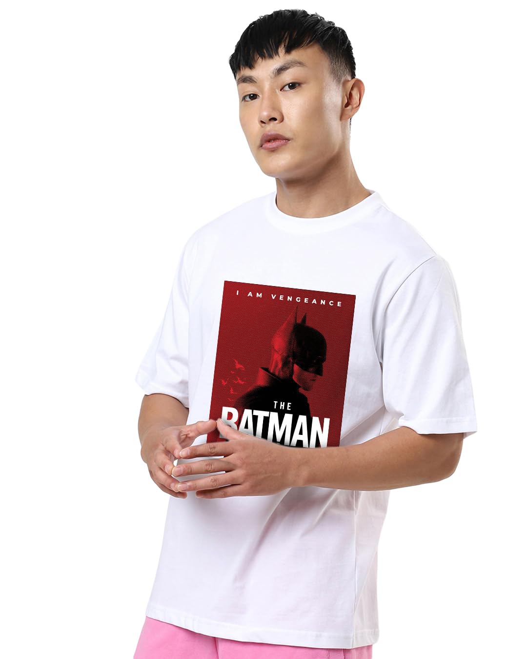 Bewakoof Men's Batman Poster Graphic Print White Round Neck Half Sleeve Loose Fit T-Shirt