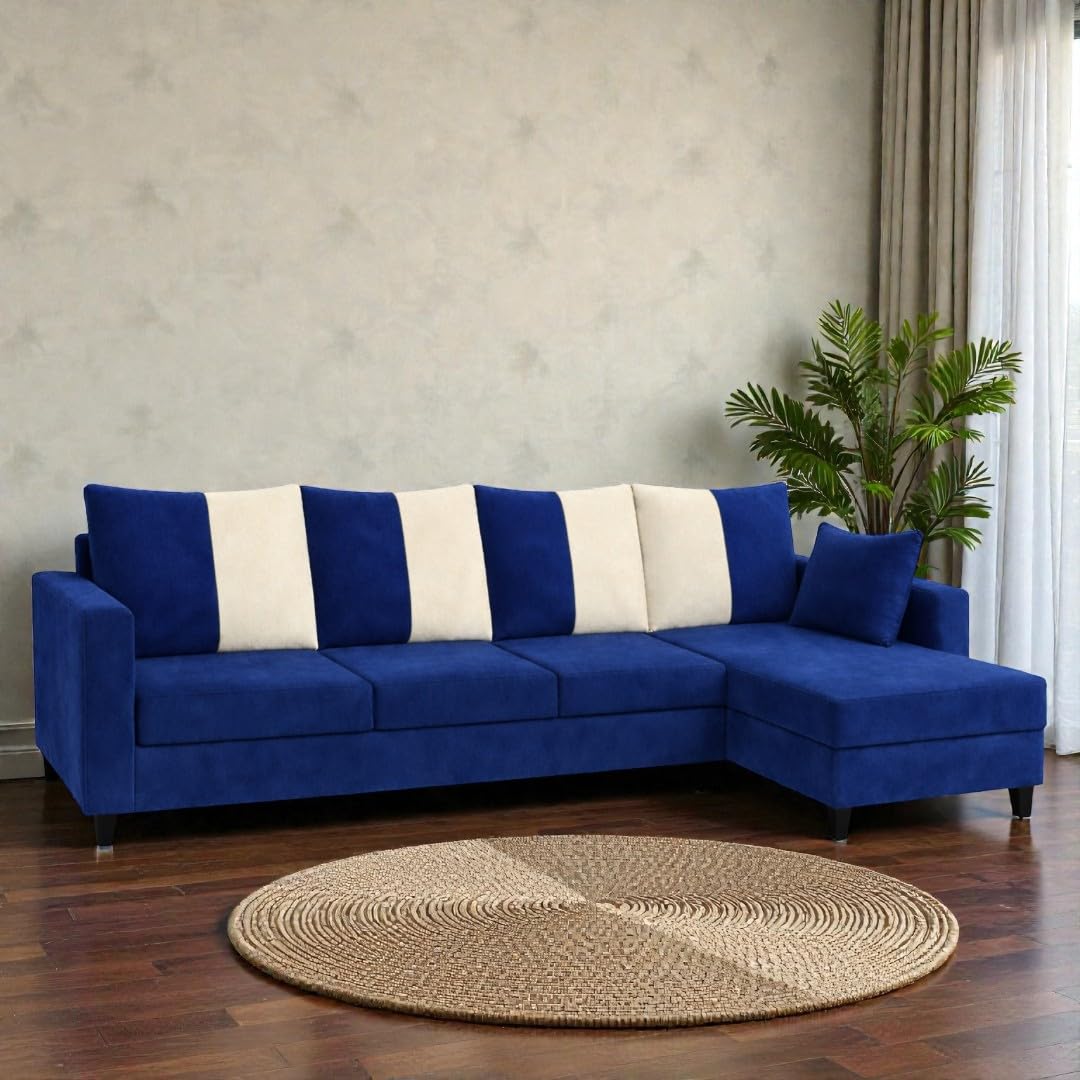 Dona Luxe Velvet-Suede Fabric 6 Seater RHS L Shape Sofa Set | Comfortable & Spacious Seating | Modern Sofa Set for Living Room – Dark Blue & Cream