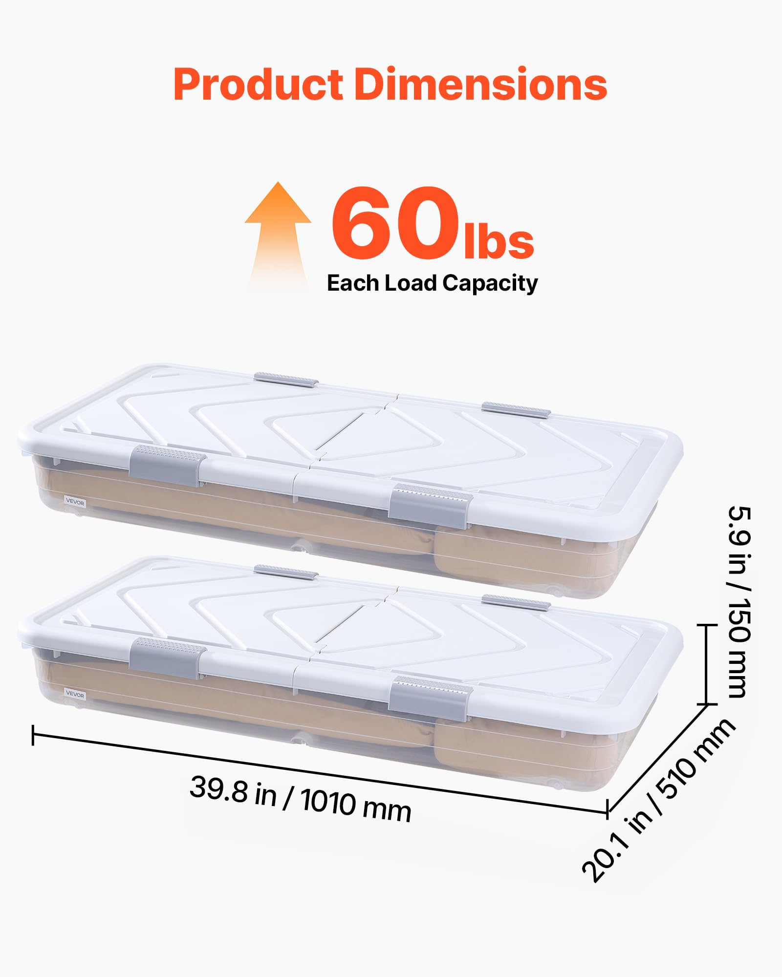 VEVOR Unterbettkommode Unterbettaufbewahrungsbox 2 Stk. Rollbar (101 x 51 x 15 cm) Unterbettbehälter mit Deckel & grauem Riegel, Aufbewahrungsbox Organizer für Kleidung Schuhe Decken Schlafzimmer