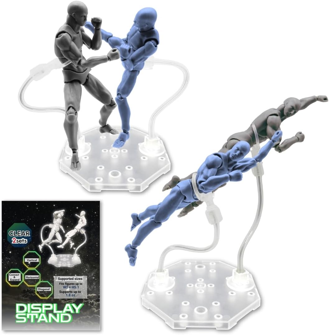 2-Pack Clear Adjustable Dual-Arm Action Figure Stand for HG RG SD SHF Gundam 1/144 & SH Figuarts Effects - Connectable Display Bases