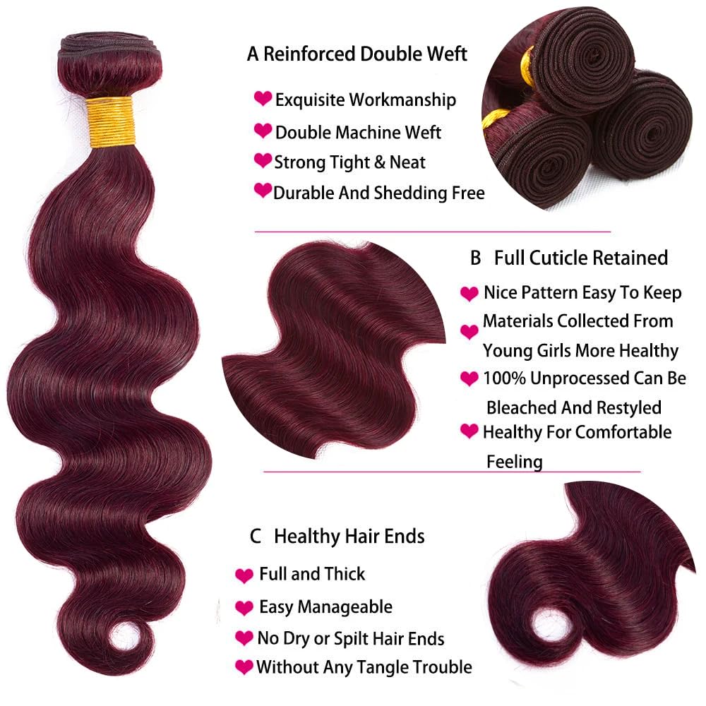 Color Wine Red Body Wave Bundles Color 99j Human Hair 16 18 20 inch Double Weft Brazilian Hair Extensions Soft and Silky Burgundy Weave Bundles for Women