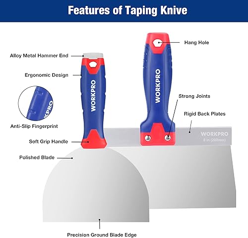 Miniatura 4 de WORKPRO Herramientas para paneles de yeso, cuchillo de cinta de acero inoxidable 8 en 1 raspador de pintura con bandeja de barro, juego de cuchillos