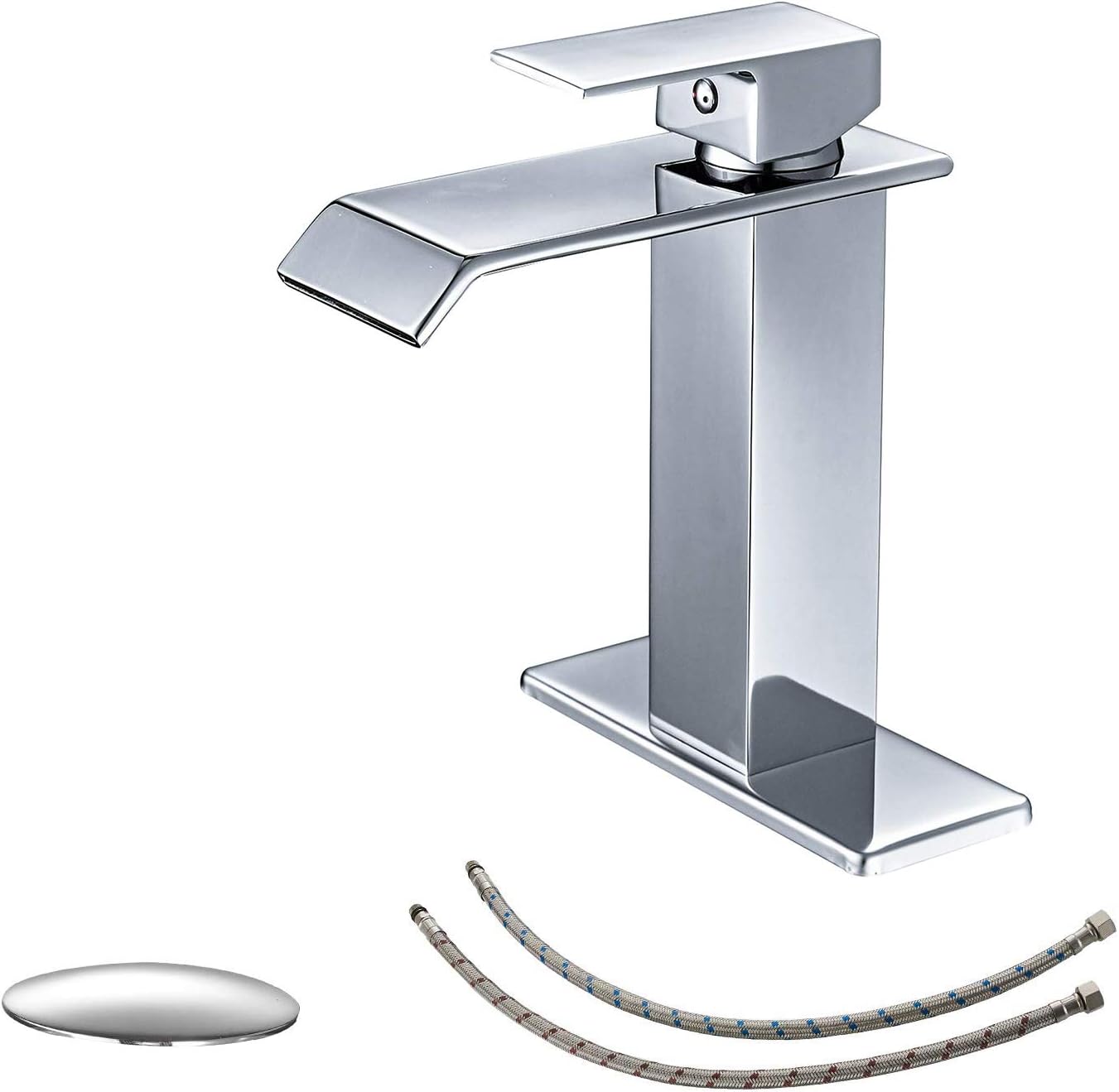 BWE Bathroom Faucet Chrome Modern Waterfall with Pop Up Drain for Sink 1 Single Hole Bathroom Sink Faucet Parts Spout Bath Lavatory Vanity Stopper Overflow and Supply Hose Single Handle Square
