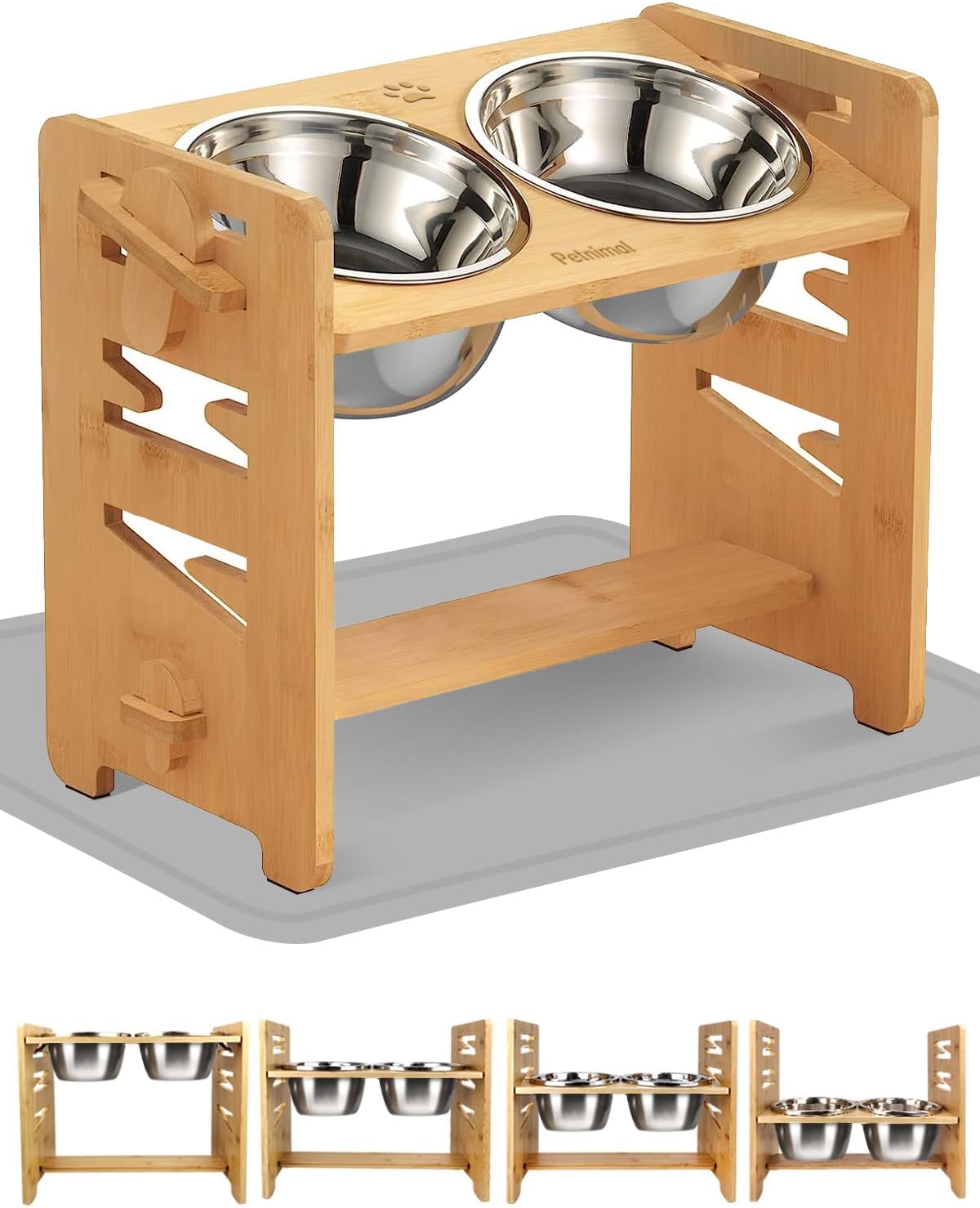 Petnimal Elevated Dog Bowls, Adjustable Raised Dog Bowls Stand for Large and XL Size Dogs, Durable Bamboo Dog Feeder with 2 Stainless Steel Bowls and Non-Slip Feet, Dog Food Bowls with Silicone Mat for Large Dogs