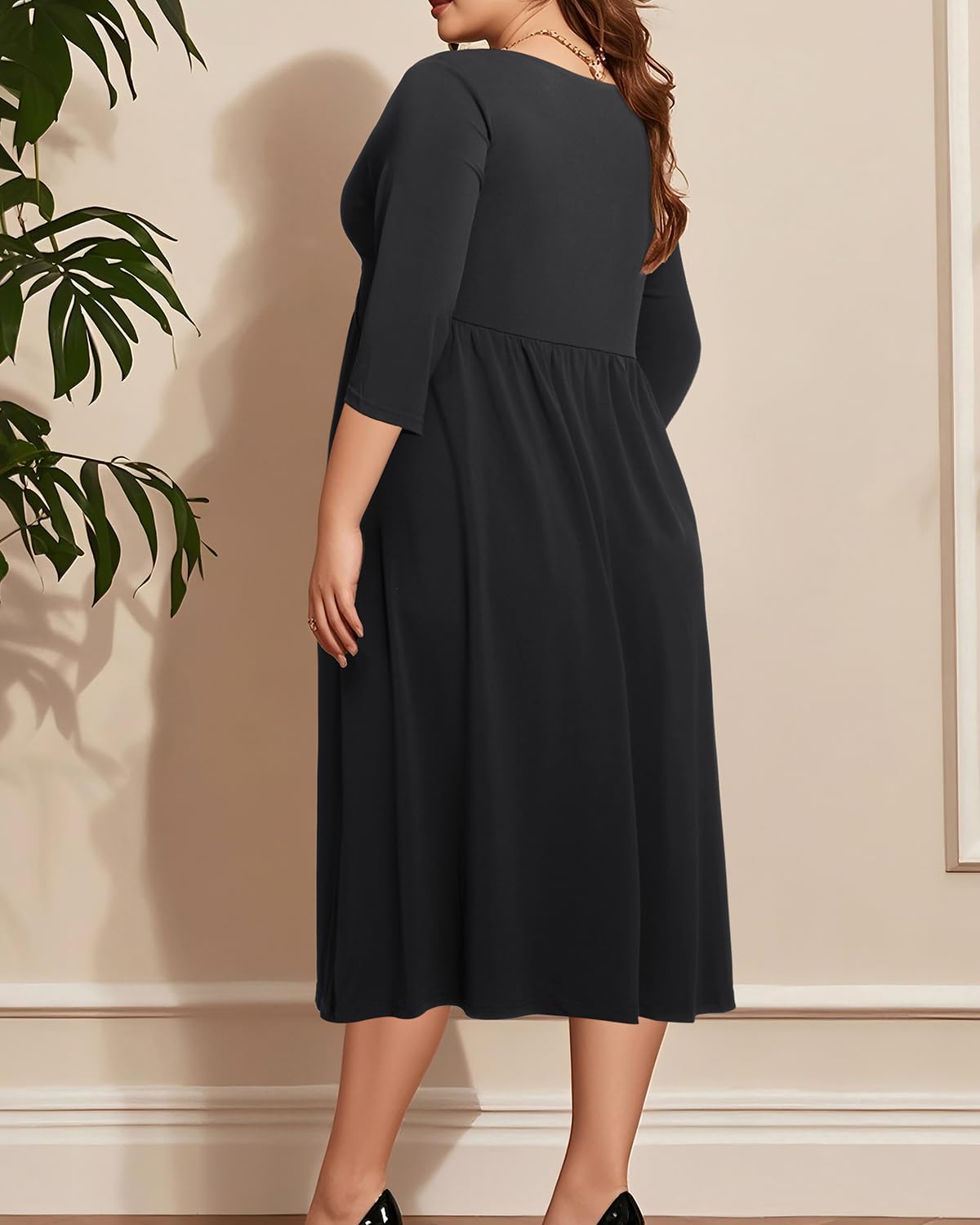 Plus Size Dress for Women Twist Knot V Neck 3/4 Sleeves A Line Wedding Guest Midi Dresses - Image 4