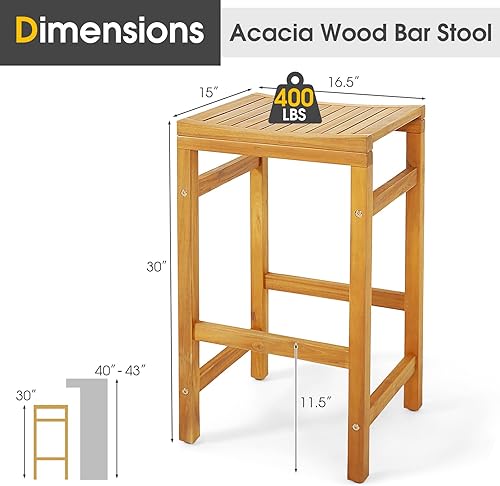 Miniatura 3 de Tangkula Juego de 2 taburetes de bar de madera de acacia, sillas de bar de 30 pulgadas de altura con asiento en forma de silla y reposapiés