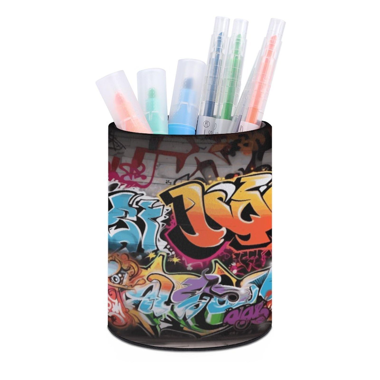 VstaDank Graffiti Hip Hop Pen Holder PU Leather Pencil Cup Minimalist Desk Pencil Holder Round Make Up Brush Organizers For Office Dorm Room&Vanity Desk Accessories