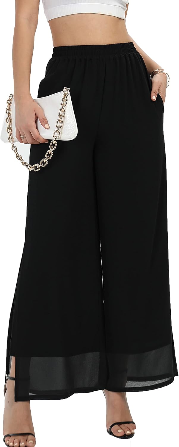 Women's Wide Leg Chiffon Dress Palazzo Pants Casual Split Hem Summer Trousers Party Club Pant - Image 6