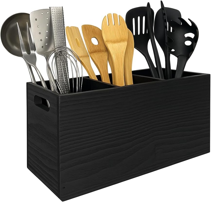 Wood Utensil Holder Organizer for Counter - Large Wooden Utensil Caddy for Countertop - 3 Compartment Cooking Tool Storage for Spatula - Farmhouse Kitchen Decor and Accessories (Black)