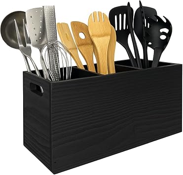 Wood Utensil Holder Organizer, Large, Black | Wooden Utensil Caddy for Countertop, 3 Compartment, Cooking Tool Storage for Spatula, Farmhouse Kitchen Decor and Accessories