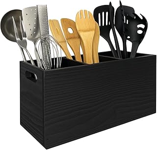 Wood Utensil Holder Organizer for Counter - Large Wooden Utensil Caddy for Countertop - 3 Compartment Cooking Tool Storage for Spatula - Farmhouse Kitchen Decor and Accessories (Black)
