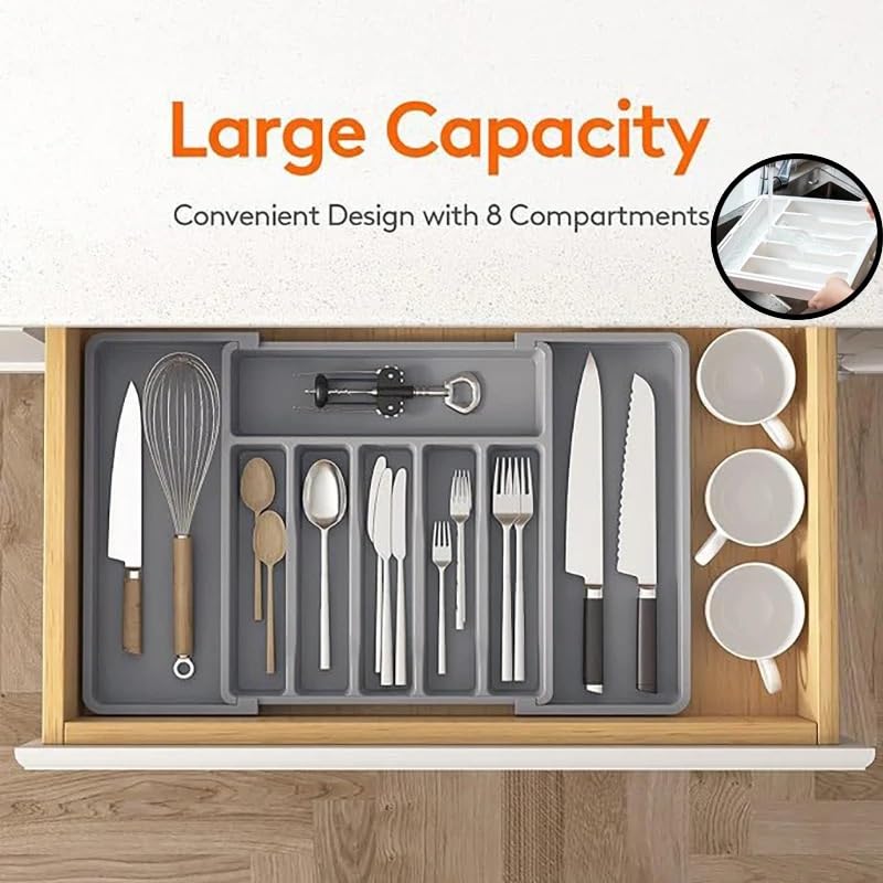 Cubertero Cajon Organizador de cajones for cubiertos expandible, bandeja ajustable for utensilios cocina, divisor almacenamiento con compartimentos(Grey)