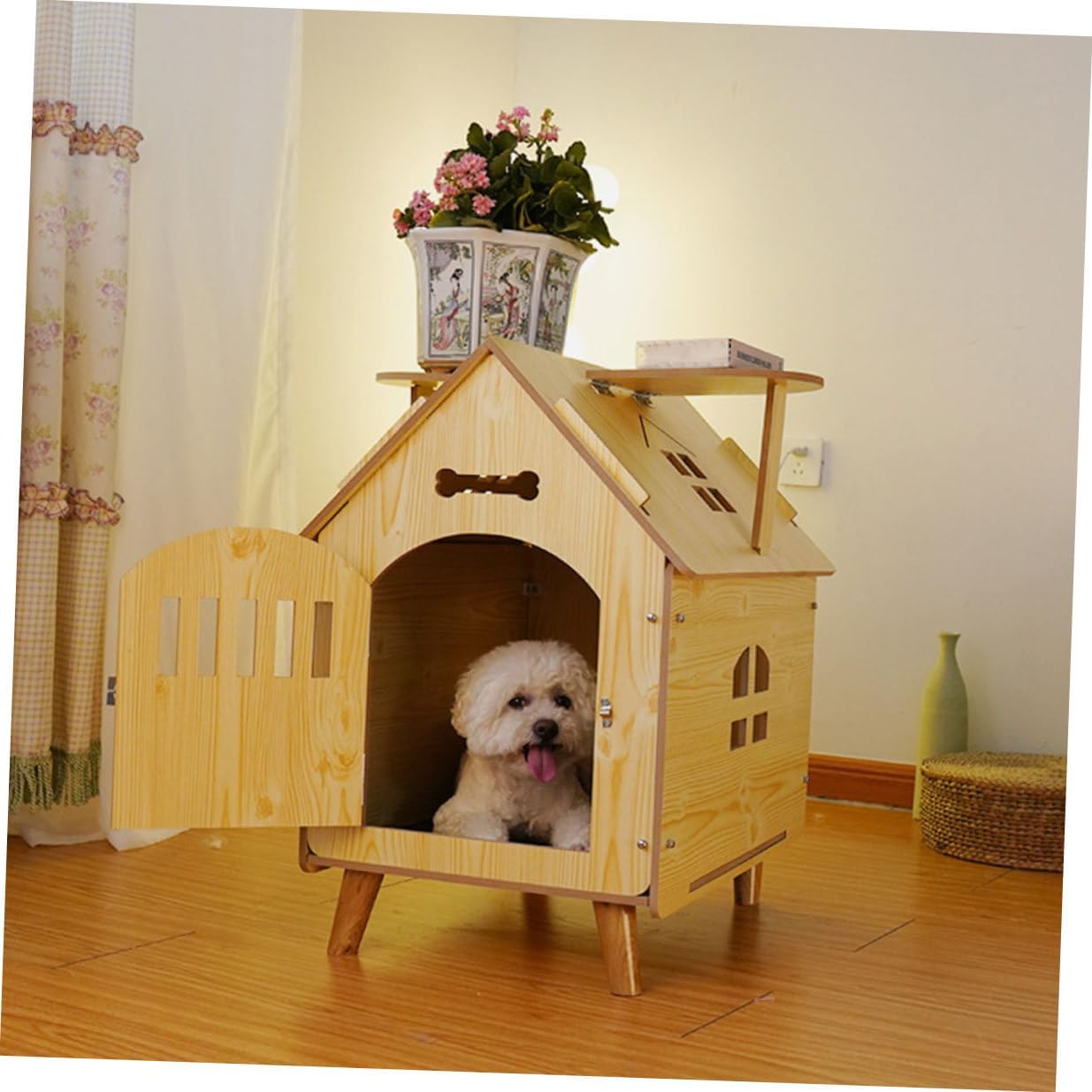 Wooden Dog House Outdoor Shelter Medium Size Pet Sleeping Bed Garden Kennel with Protective Fence for Dogs