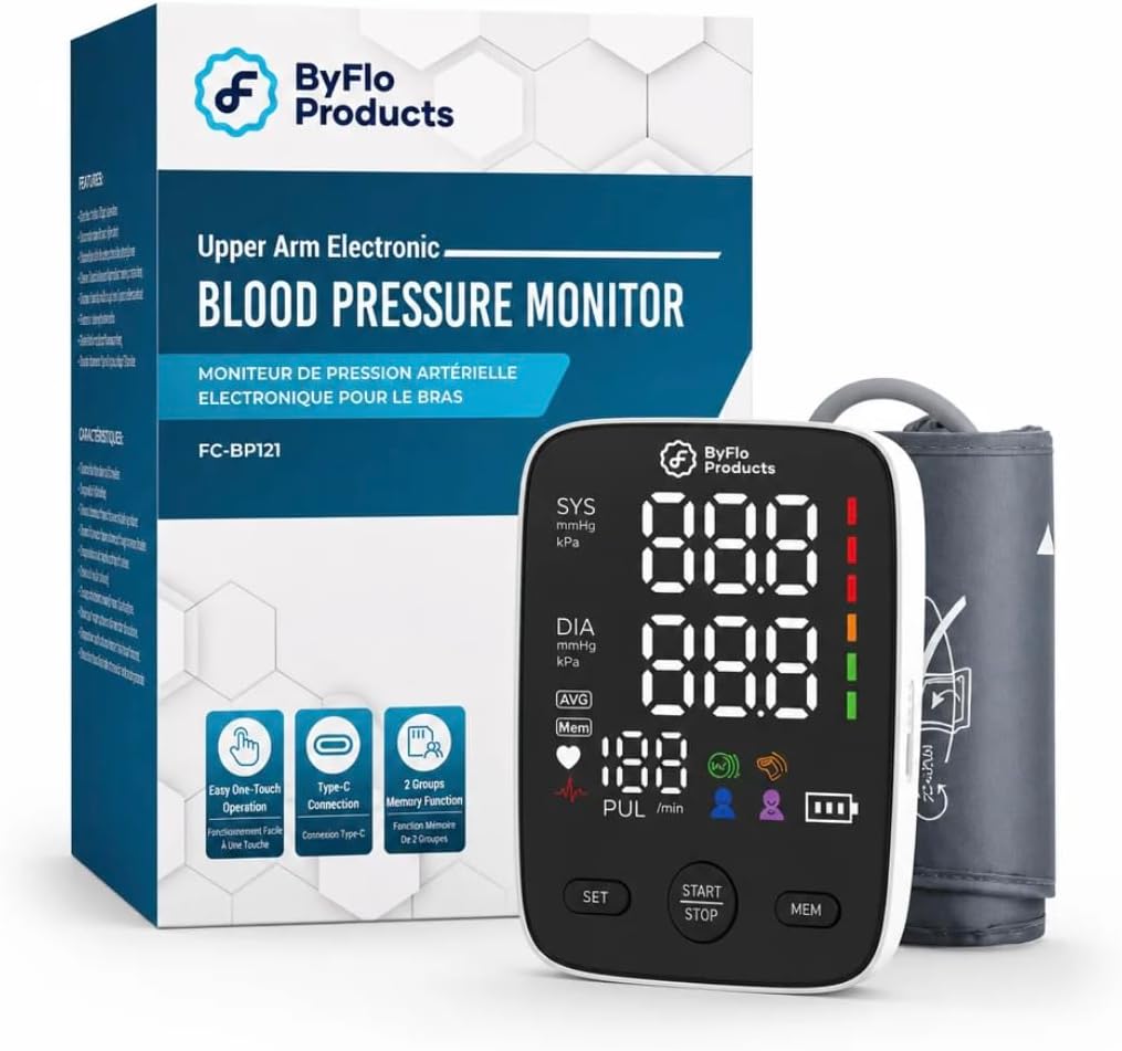 ByFloProducts Advanced Blood Pressure Monitor for Home Use - Easy to Use, Accurate Heart Rate Monitor with Easy Blood Pressure Cuff 22-42cm, Memory Storage 2x120, 3-Color Display, 4xAAA Batteries & USB-C Power, Perfect Automatic Blood Pressure Machine