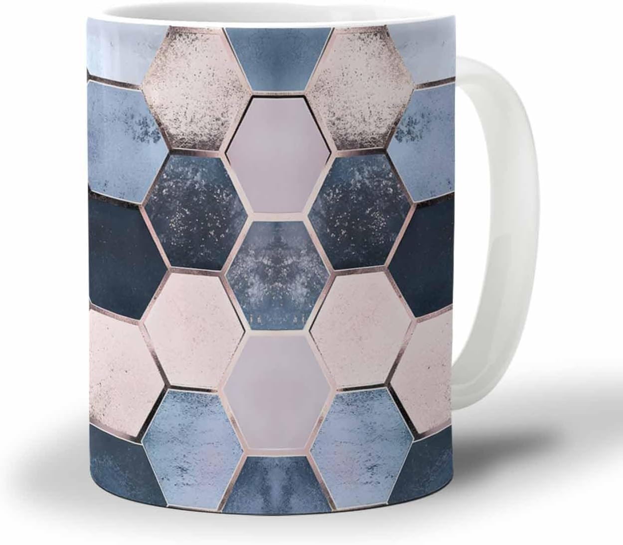 BEMIGO Ceramic Coffee Mug Modern Abstract Texture Ceramic Mug White Cup, Hexagon Plaid Insulated Coffee Cup with Handle with Pattern Perfect for Tea and Hot Beverages, 12oz