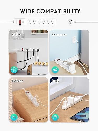 Miniatura 7 de Paquete de 2 protectores de sobretensión (980 julios), regleta de alimentación de enchufe plano, cable de extensión de 4 pies con múltiples tomas, 6