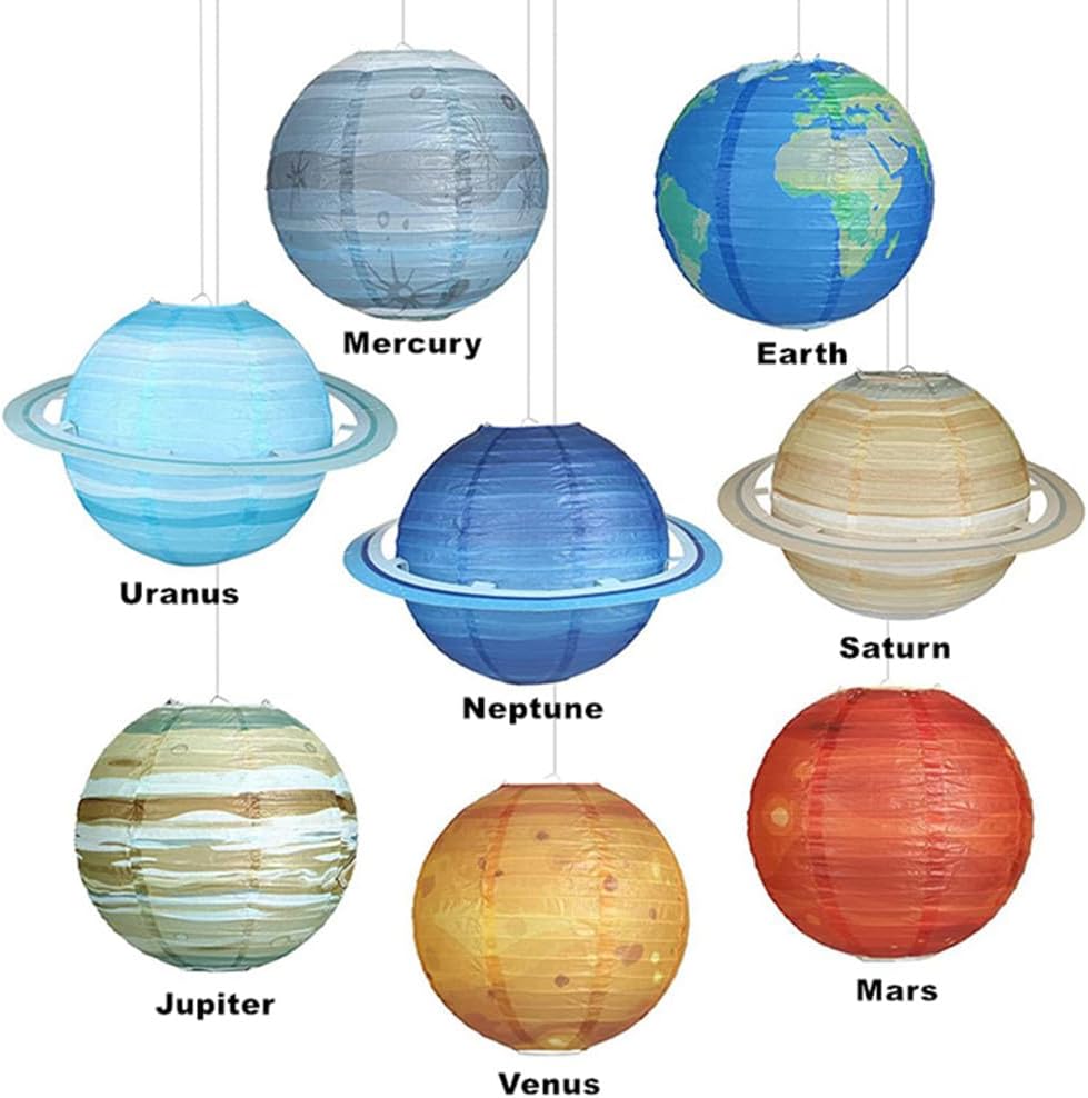 Folding Outer Space Planet Paper Lanterns Reusable Solar System Planets Hanging Lanterns Ornament Lamp Cover for Outer Space Birthday Party Home Decoration Supplies (12 inches;8pcs)