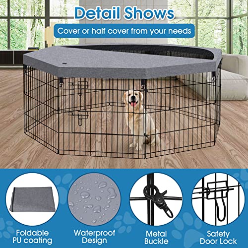 Dog Pen Pet Playpen Dog Fence Indoor Foldable Metal Wire Exercise Puppy Play Yard Pet Enclosure Indoor Outdoor 8 Panels 24 Inch With Bottom Pad/Top Cover (Grey With Top Cover) #TOP3