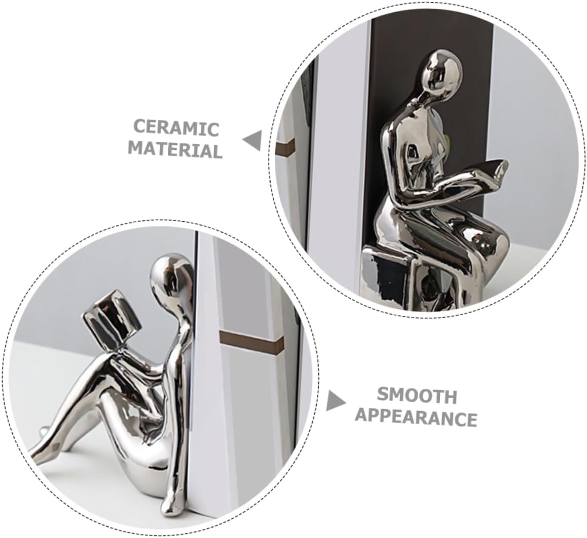 Unomor 1pair Reading Figurines Bookends Decorative Bookshelf Accents for Heavy Books Living Room Abstract Statue Ceramic Decorative Bookends