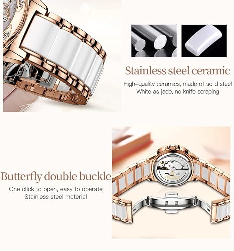 OLEVS Automatic Watches for Women, Rose Gold White Ceramic Watch for Small Wrists, Mother of Pearl Open Heart Dial, Self Winding Mechanical Dress Watch — view 6