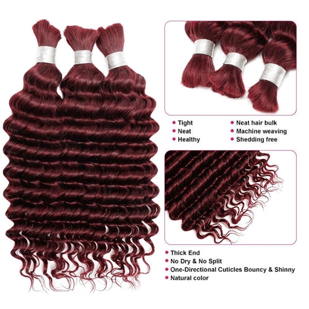 Trenza de Cabello, Extensiones de Cabello Humano Color Burdeos a Granel for trenzar, mechones de Cabello Peruano con Ondas Profundas, sin Trama(22inch)
