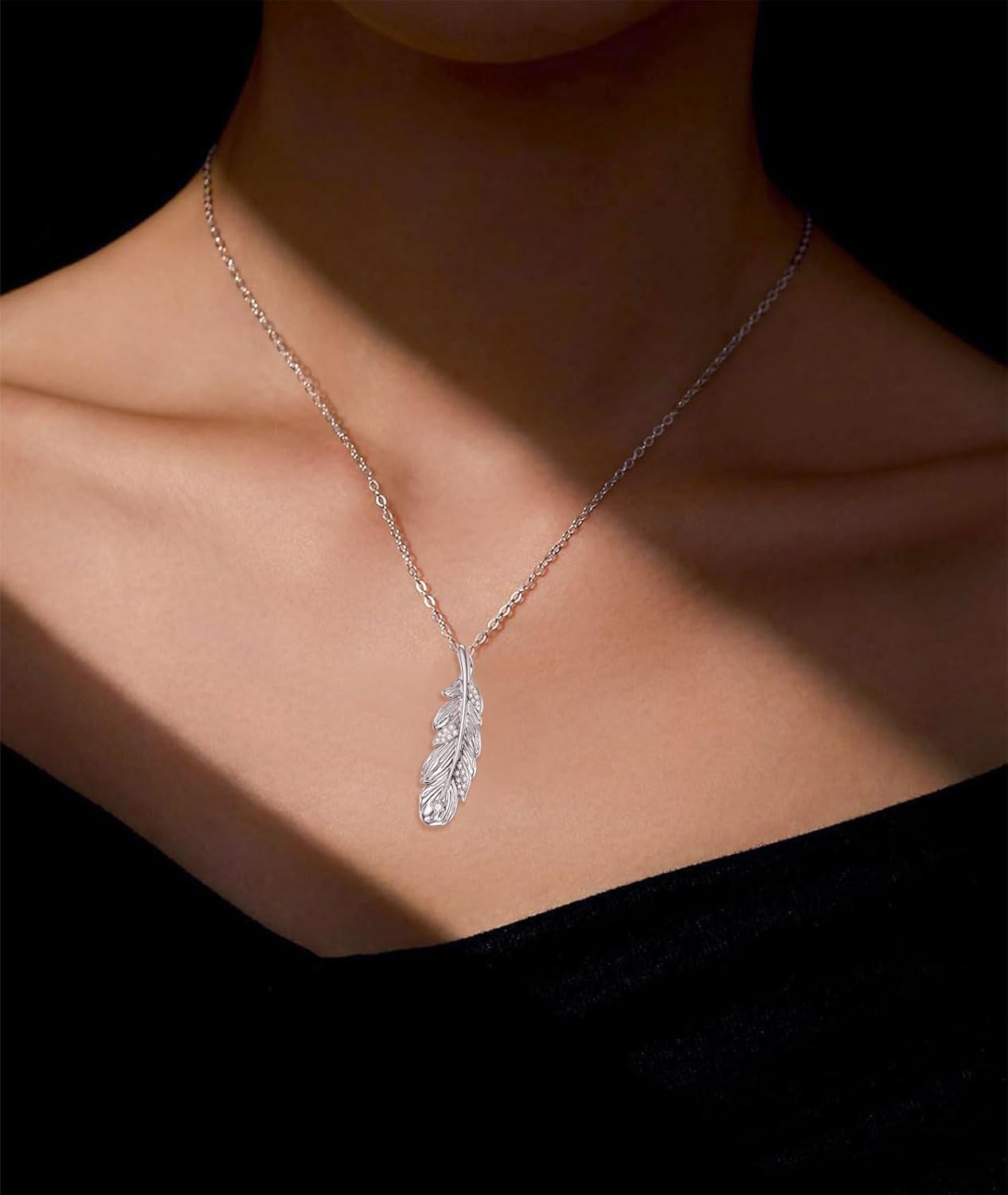 1/20 Carat Diamond Feather Necklace for Women 925 Sterling Silver Diamonds Feather Pendant Necklaces 18K White Gold Plated Fine Jewelry - Image 4