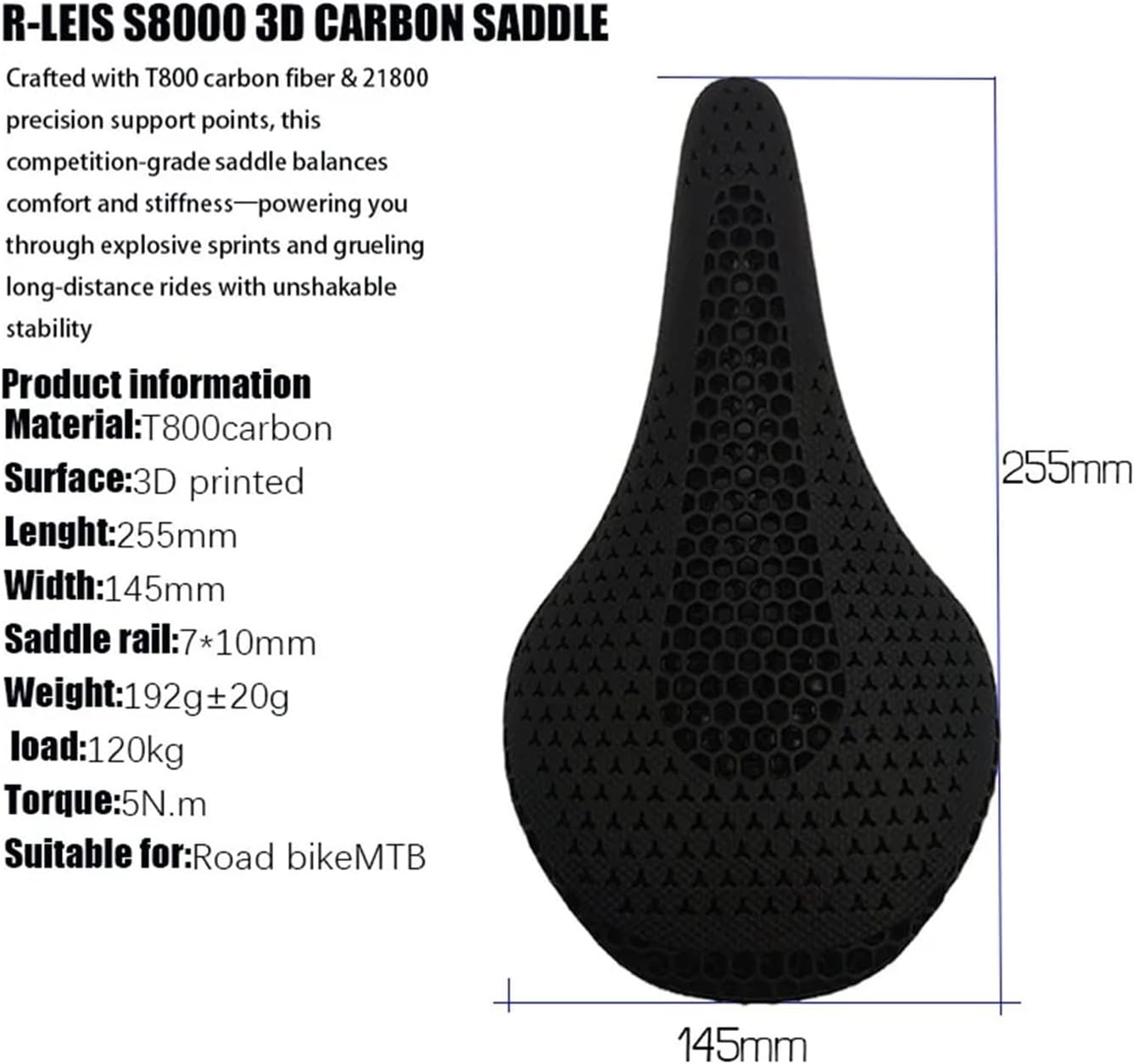 3D Printed MTB Saddle - 7x10 Size Bike Seating, Unisex Comfortable Bicycle Seat for MTB, Road, Gravel & Triathlon Cycling, Essential MTB Parts