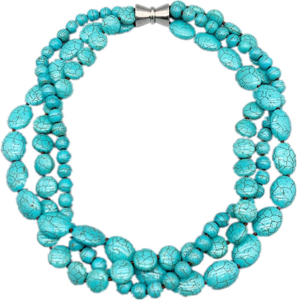 3 Strands Round Coin Shape Oval Turquoise Necklace For Women Stacking Stone Multilayer Twist Choker Trendy 19"